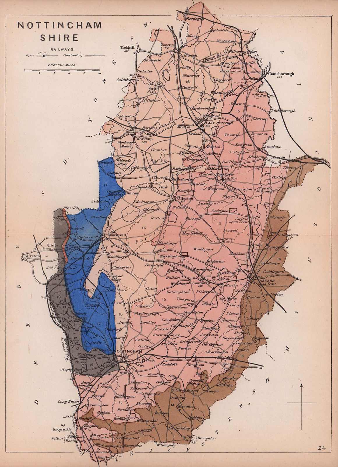 NOTTINGHAMSHIRE antique geological county map by James Reynolds 1864