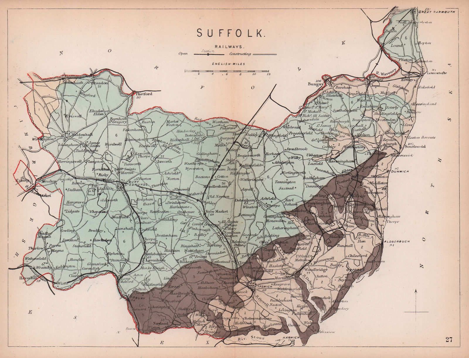 SUFFOLK antique geological county map by James Reynolds 1864