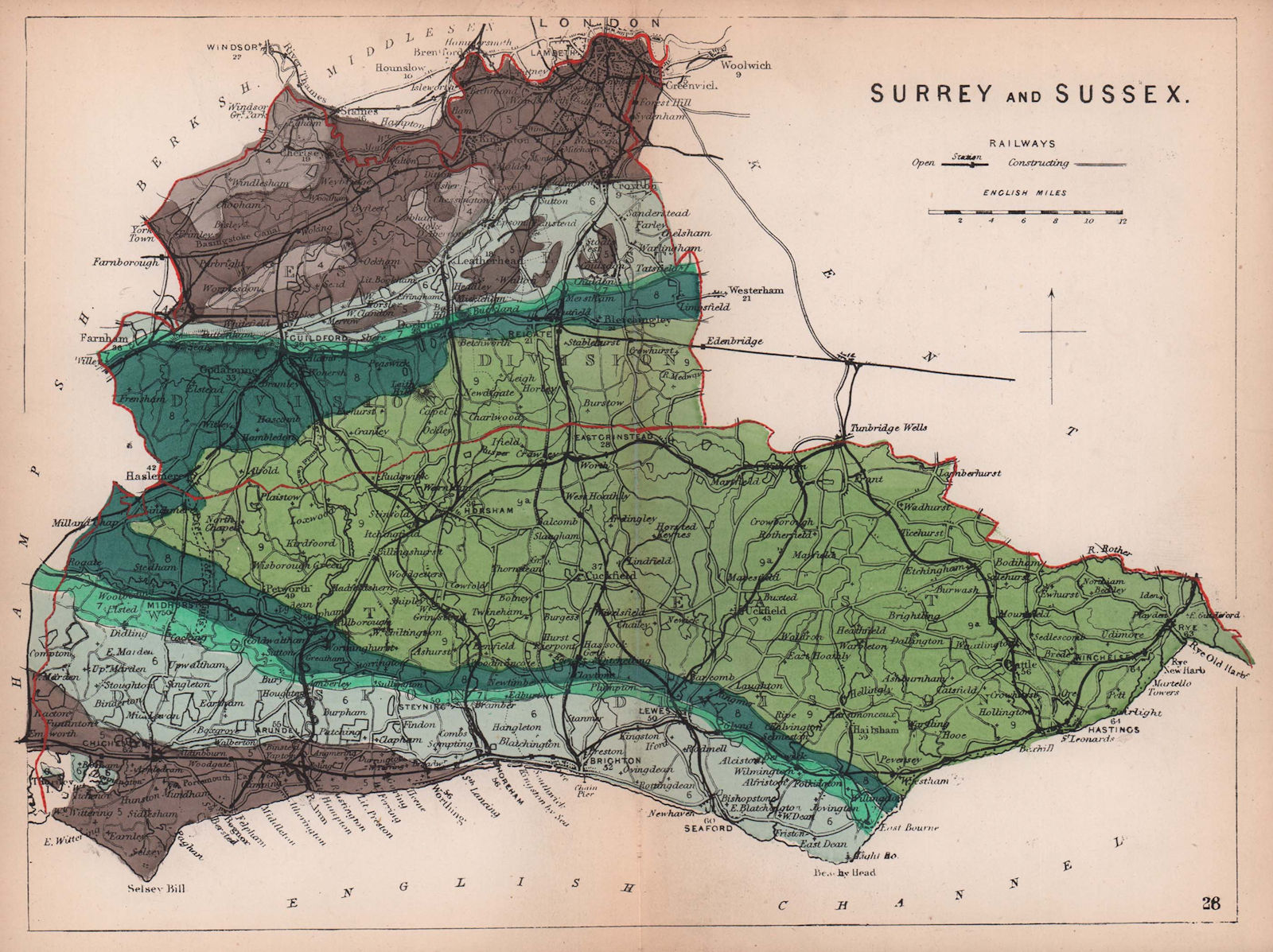 SURREY & SUSSEX antique geological county map by James Reynolds 1864