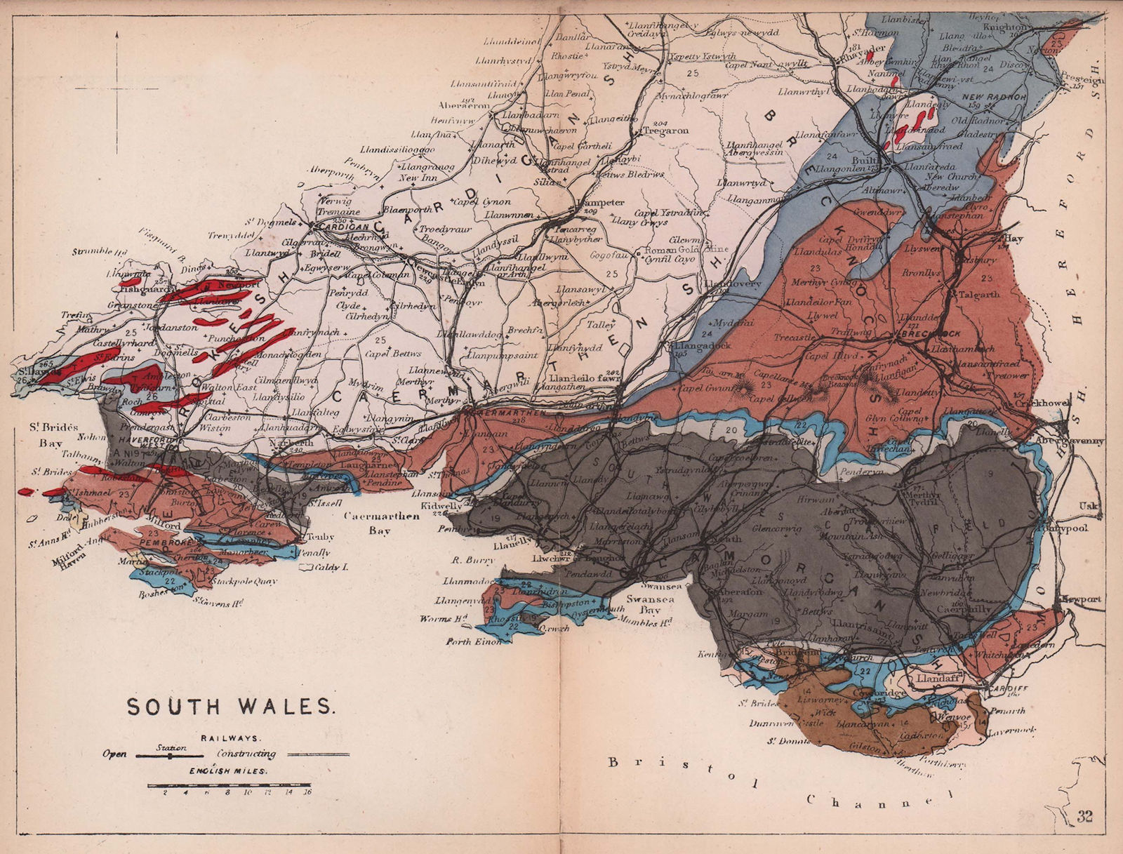 SOUTH WALES antique geological map by James Reynolds 1864