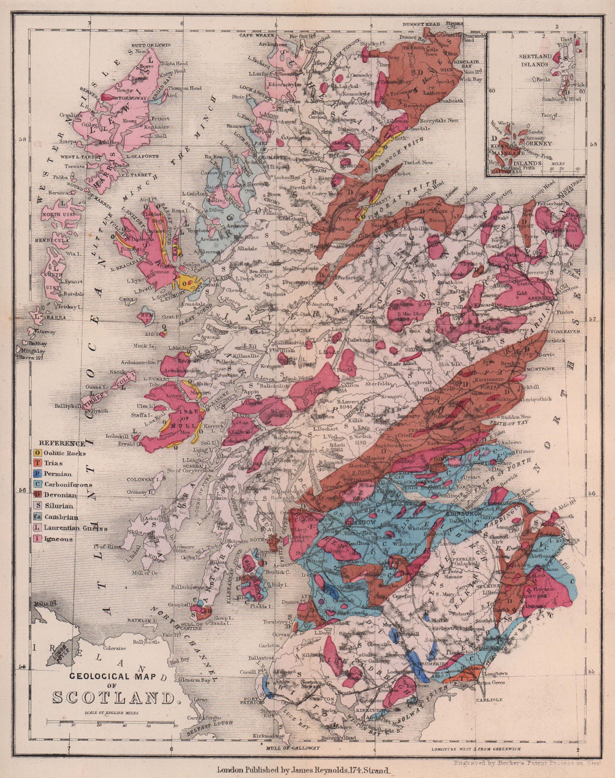 Antique geological map of Scotland by James Reynolds 1864