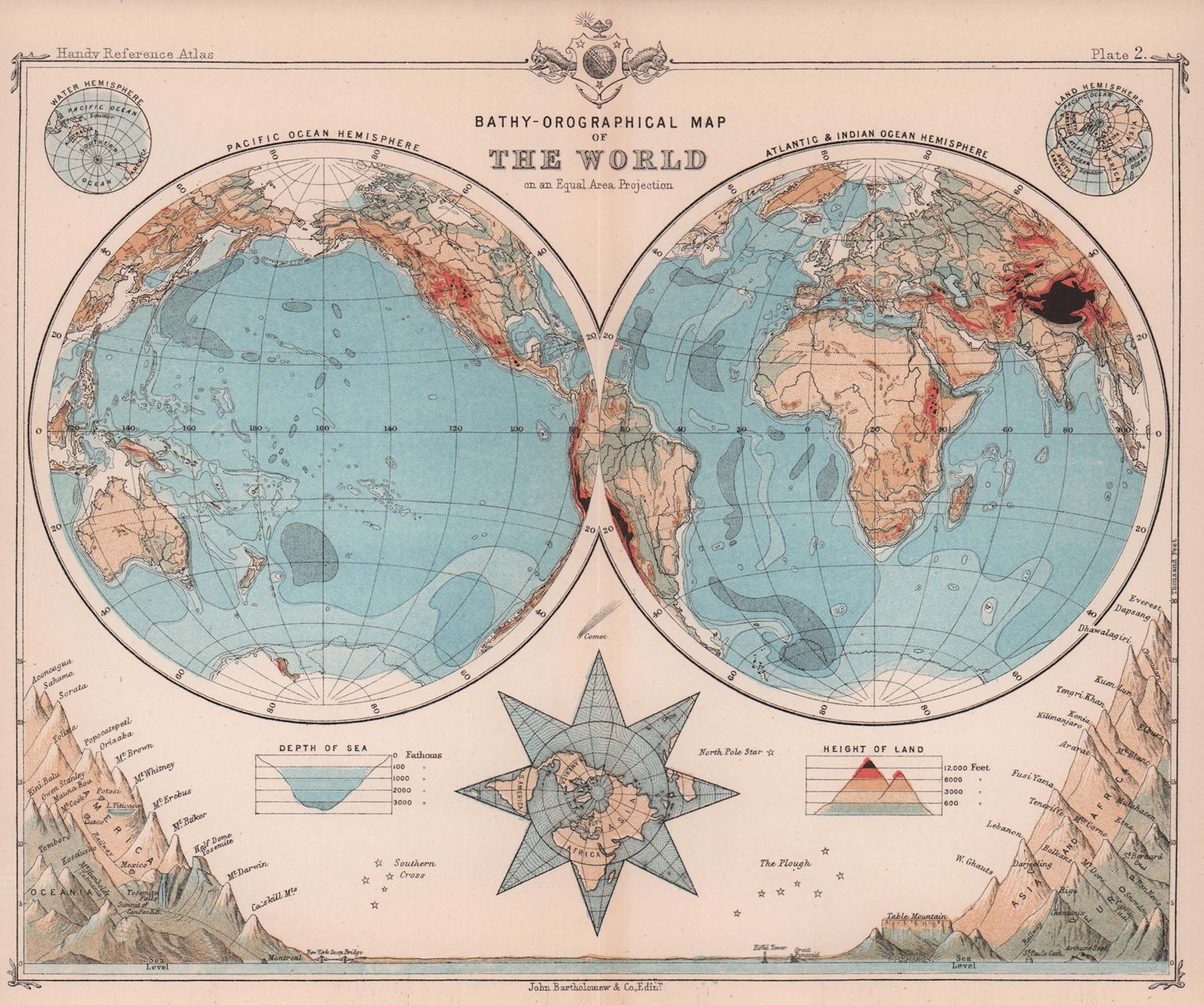 Associate Product Bathy-orographical map of the World. BARTHOLOMEW 1893 old antique chart