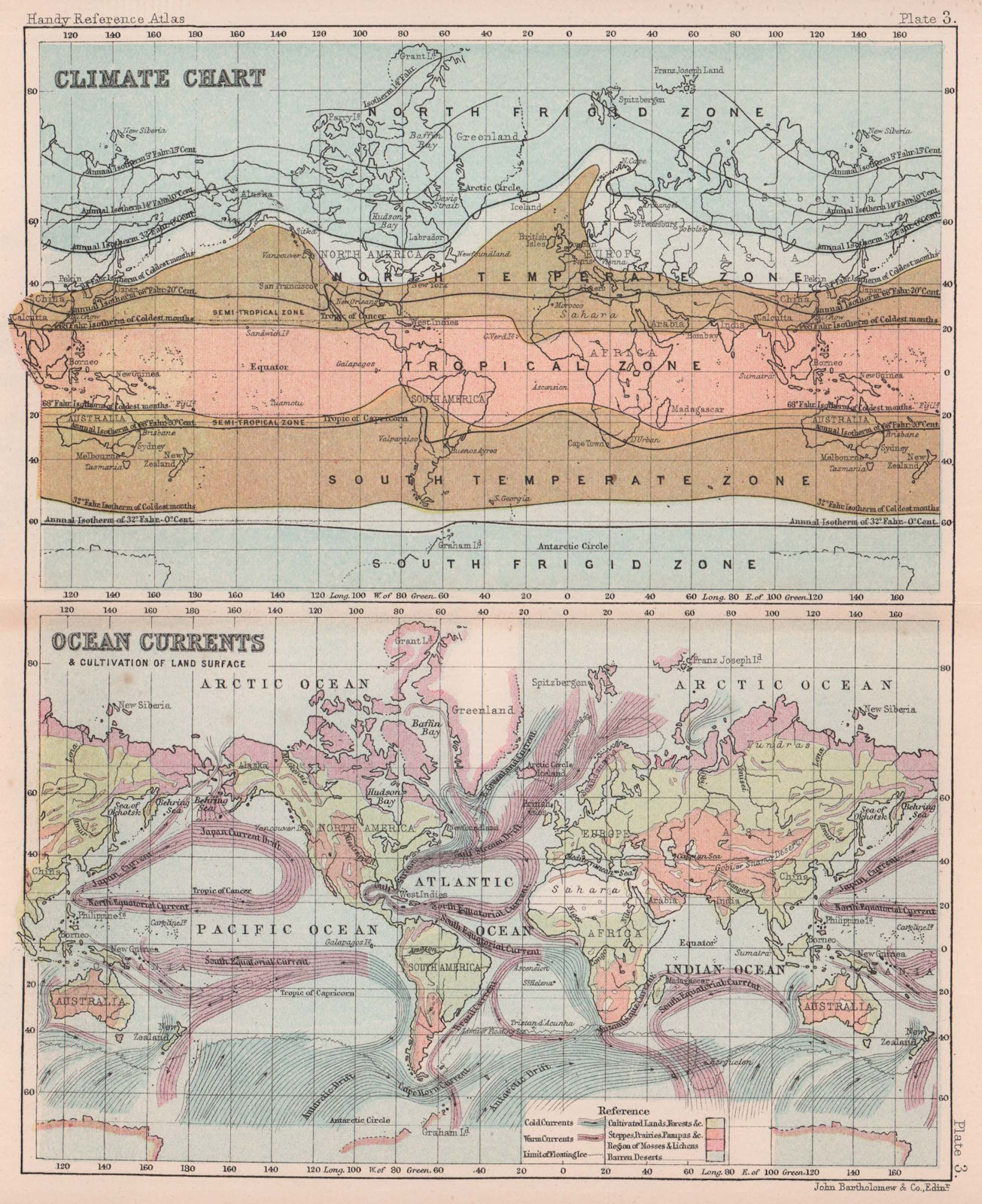 Associate Product Climate Chart, Ocean Currents & Land cultivation. World. BARTHOLOMEW 1893 map