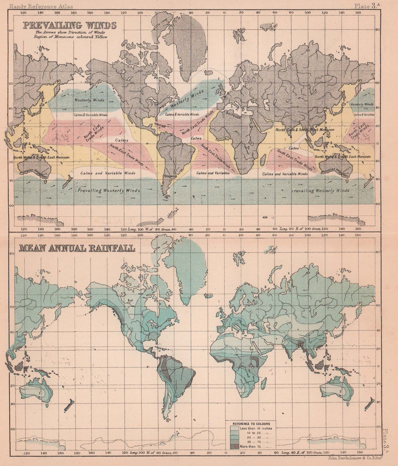 Prevailing Winds & Mean Annual rainfall. World. BARTHOLOMEW 1893 old map
