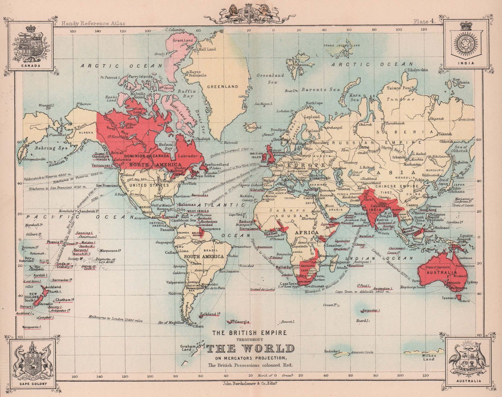 The British Empire throughout The World. BARTHOLOMEW 1893 old antique map
