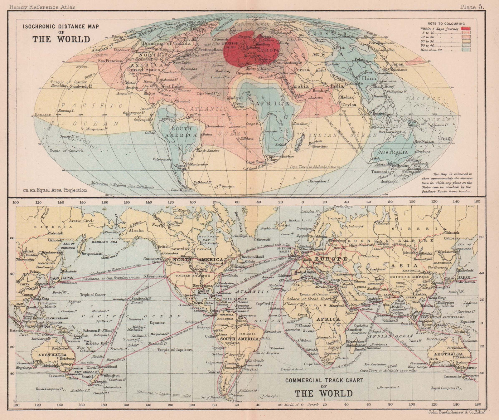 World. Isochronic distance from London. Trade routes. BARTHOLOMEW 1893 old map