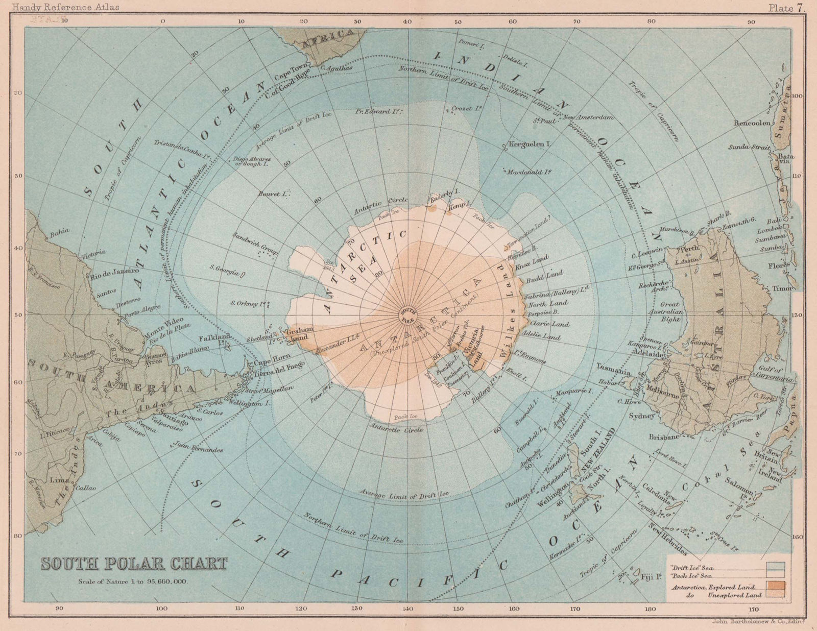 South Polar chart. Antarctic. South Pole. BARTHOLOMEW 1893 old antique map