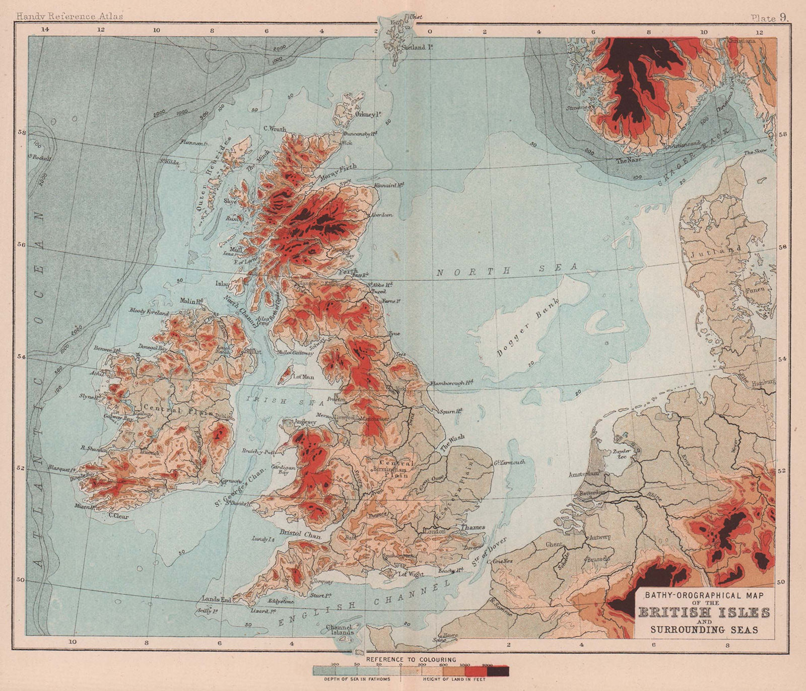 British Isles & Surrounding sea. Orographical. BARTHOLOMEW 1893 old map