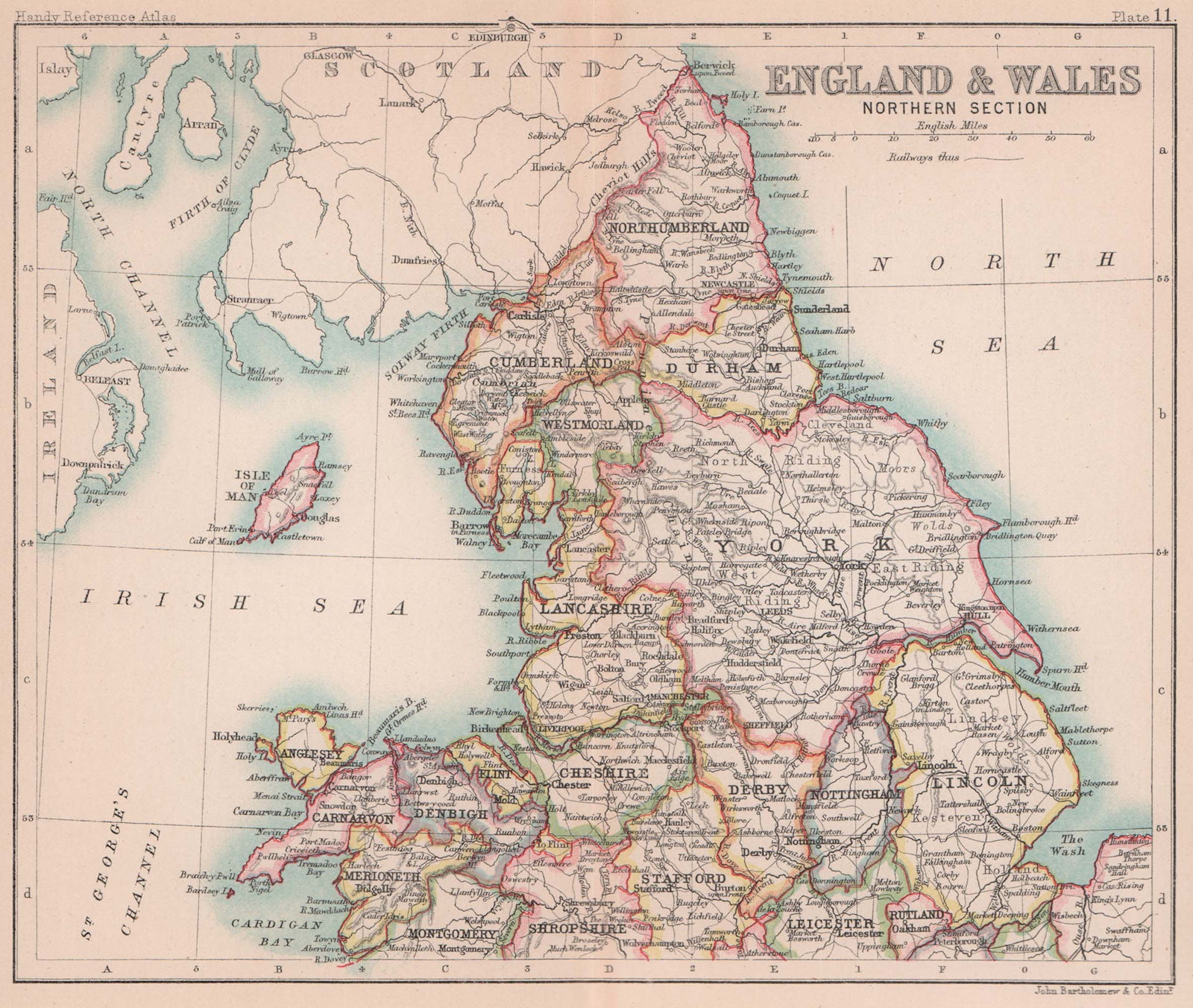 Northern England & Wales. BARTHOLOMEW 1893 old antique vintage map plan chart