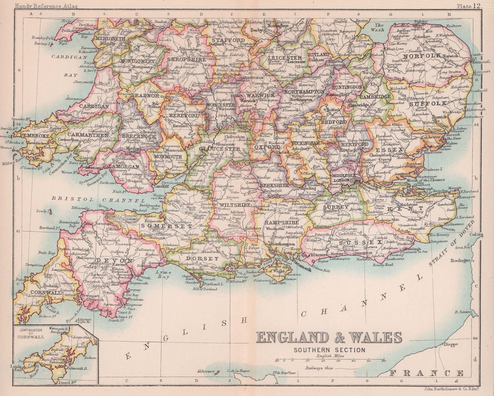 Southern England & Wales. BARTHOLOMEW 1893 old antique vintage map plan chart