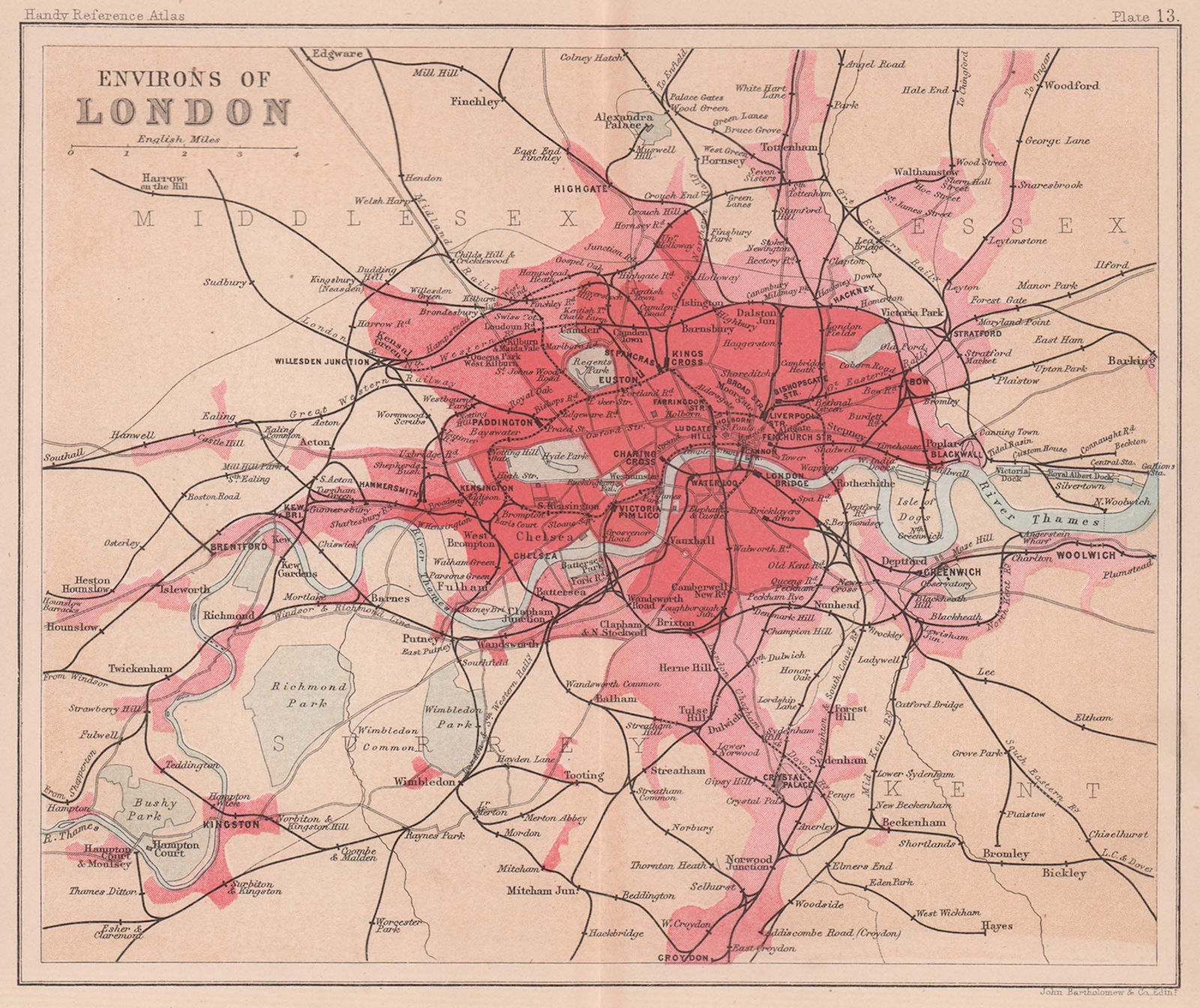 Environs of London. BARTHOLOMEW 1893 old antique vintage map plan chart
