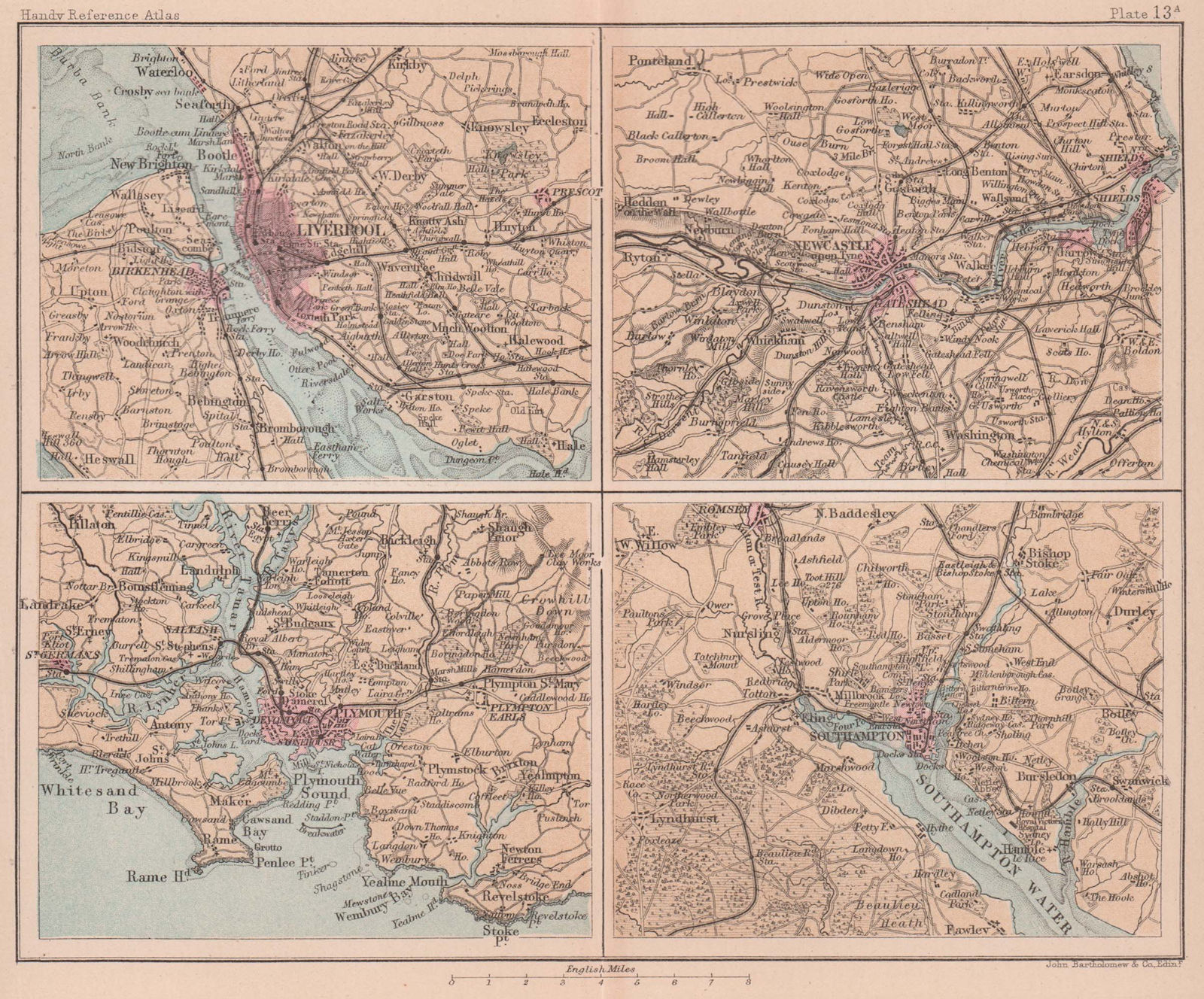 Liverpool, Plymouth, Newcastle & Southampton environs. BARTHOLOMEW 1893 map