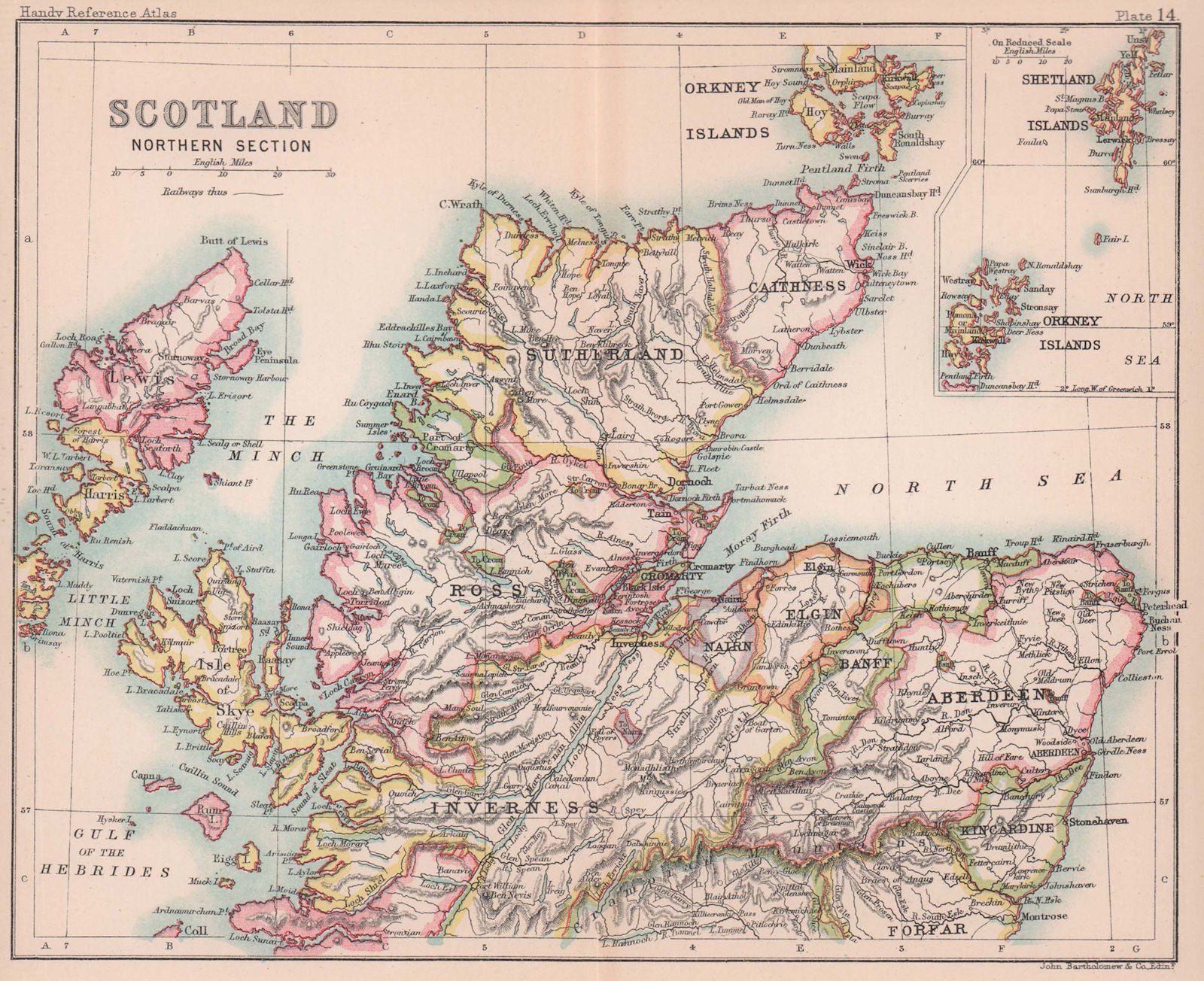 Northern Scotland. Highlands & Islands. BARTHOLOMEW 1893 old antique map chart