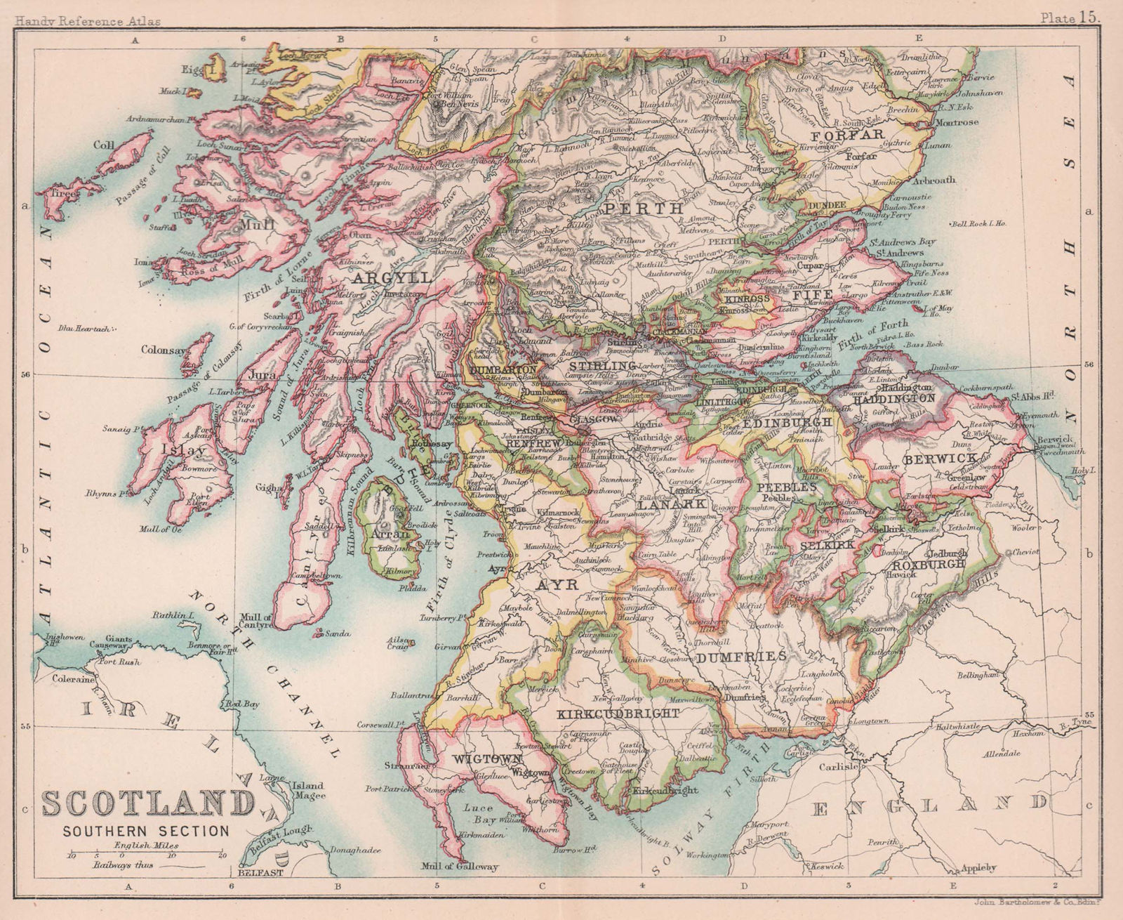 Southern Scotland. BARTHOLOMEW 1893 old antique vintage map plan chart