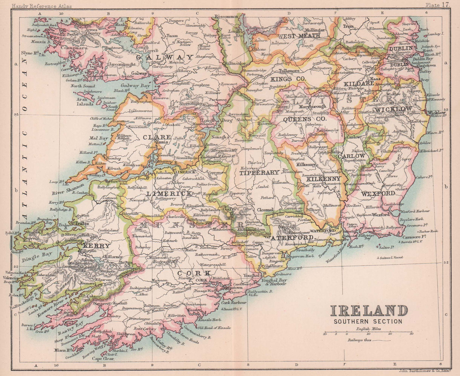 Ireland, Southern section. BARTHOLOMEW 1893 old antique vintage map plan chart