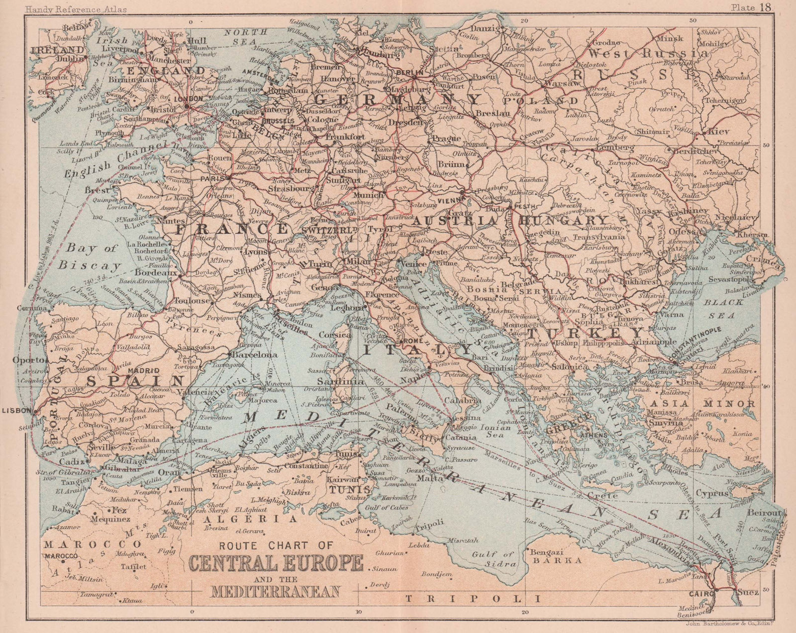 Central Europe & Mediterranean routes. Railways. Steamers. BARTHOLOMEW 1893 map