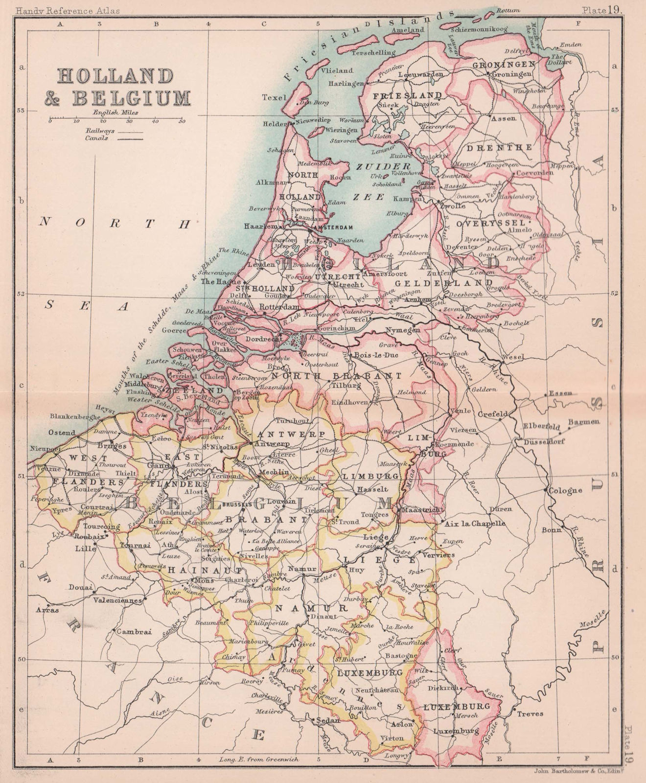 Holland & Belgium. Netherlands. BARTHOLOMEW 1893 old antique map plan chart
