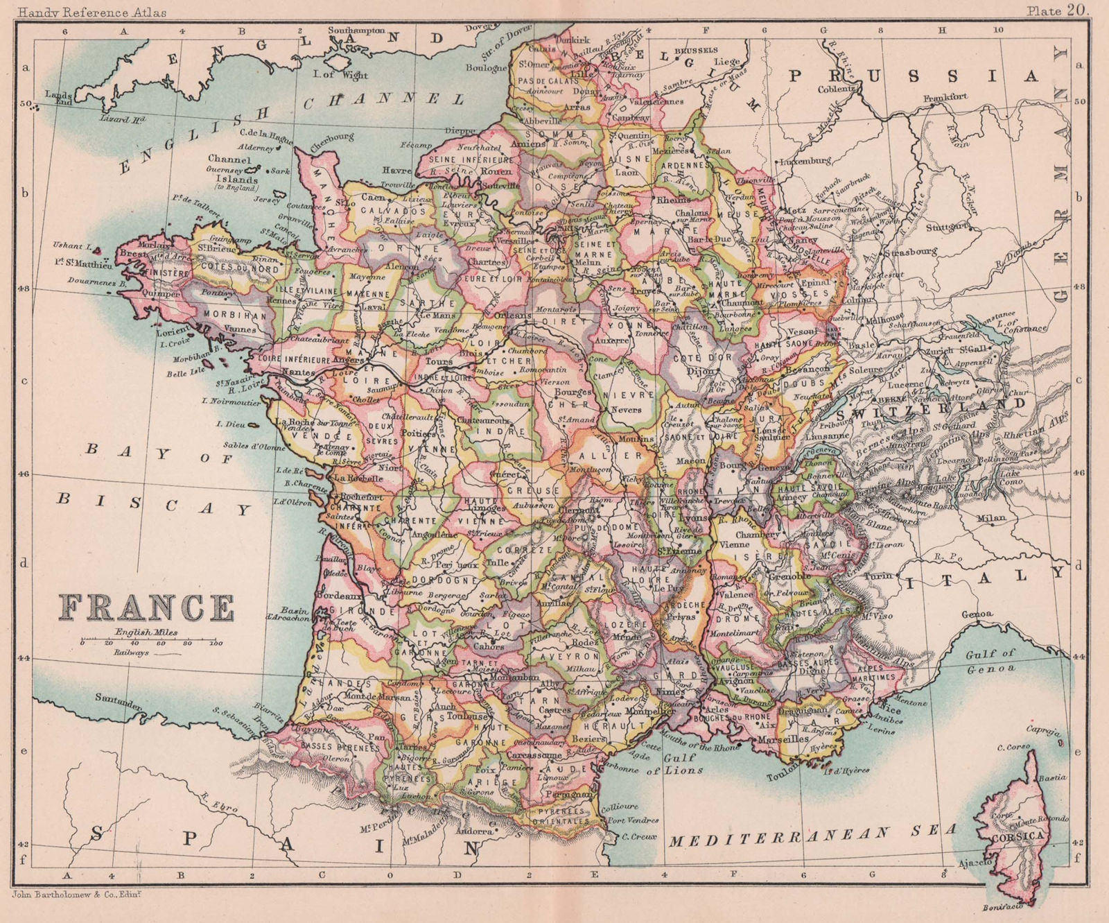 France in departments. BARTHOLOMEW 1893 old antique vintage map plan chart