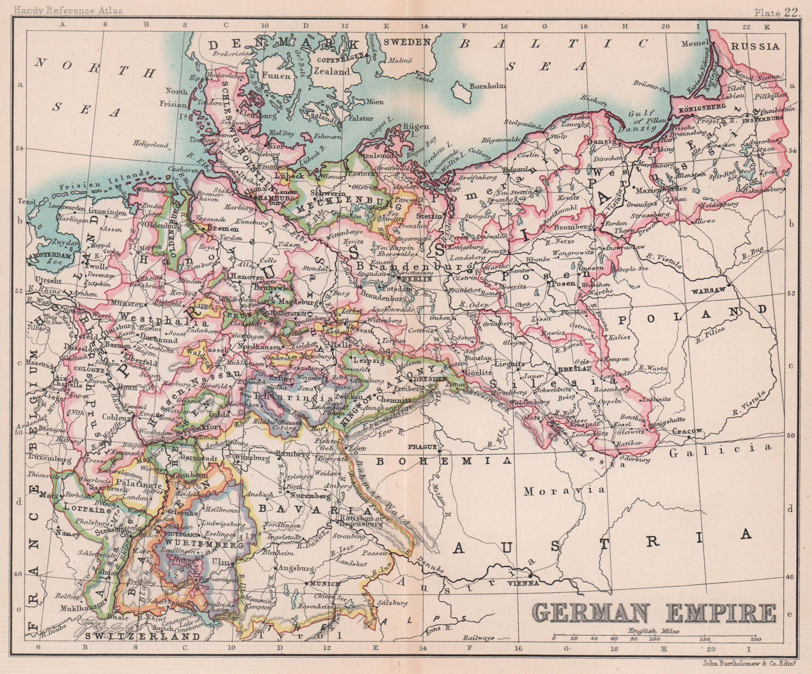 German Empire. Germany Prussia Poland. BARTHOLOMEW 1893 old antique map chart