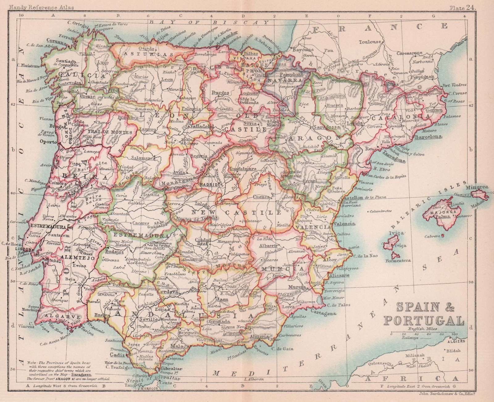 Spain & Portugal. Iberia. BARTHOLOMEW 1893 old antique vintage map plan chart