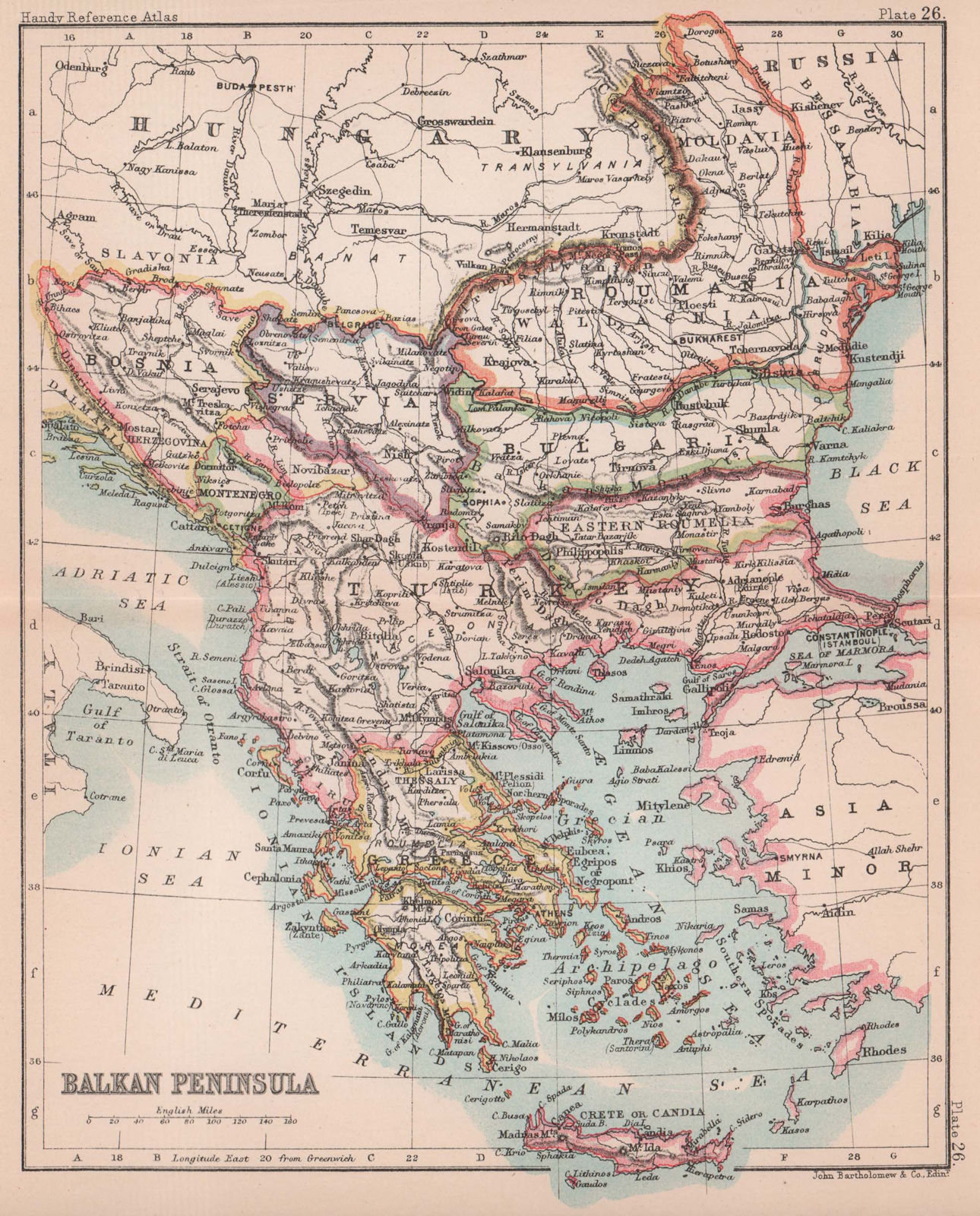 Balkan Peninsula. Greece Turkey in Europe Roumania. BARTHOLOMEW 1893 old map
