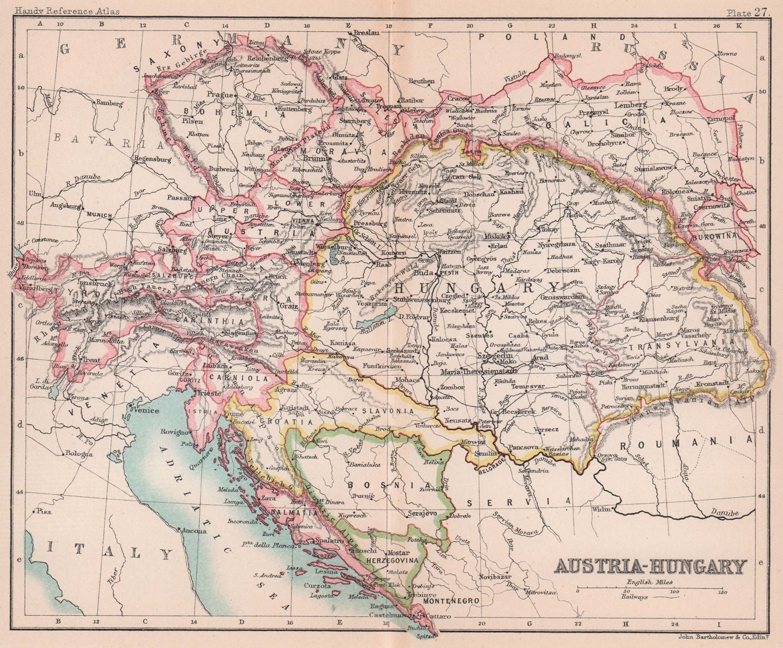 Austria-Hungary. Dalmatia Galicia Bohemia. BARTHOLOMEW 1893 old antique map