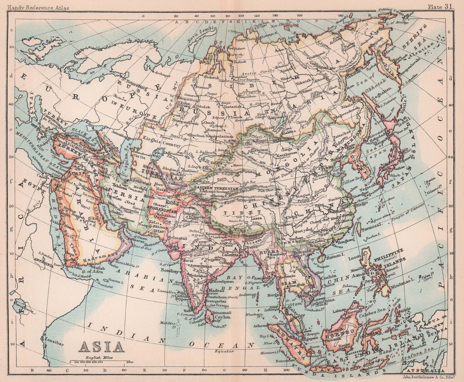Associate Product Asia. Persia Siam Anam China Corea. BARTHOLOMEW 1893 old antique map chart