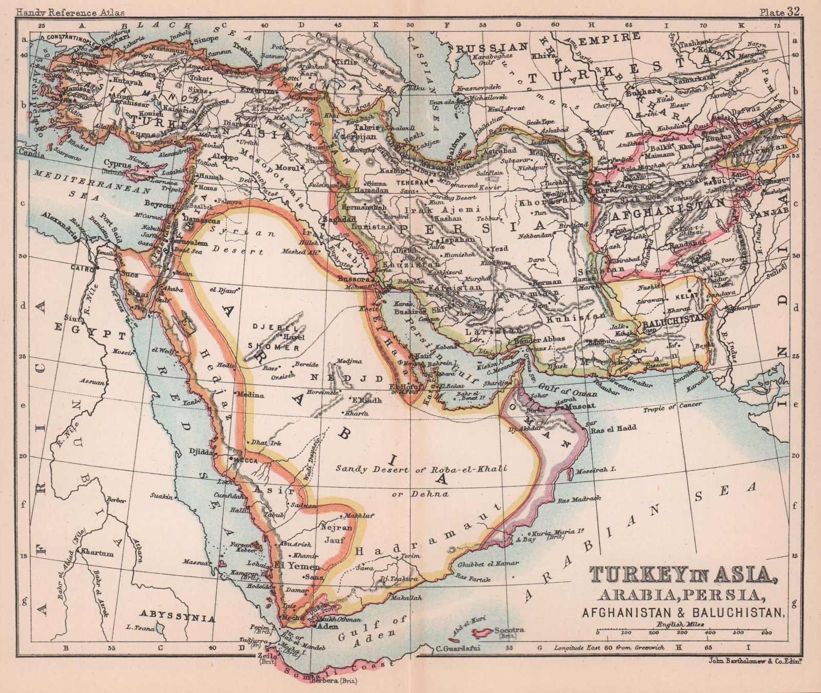 Turkey in Asia Arabia Persia Afghanistan Baluchistan. Shardja/Sharja 1893 map