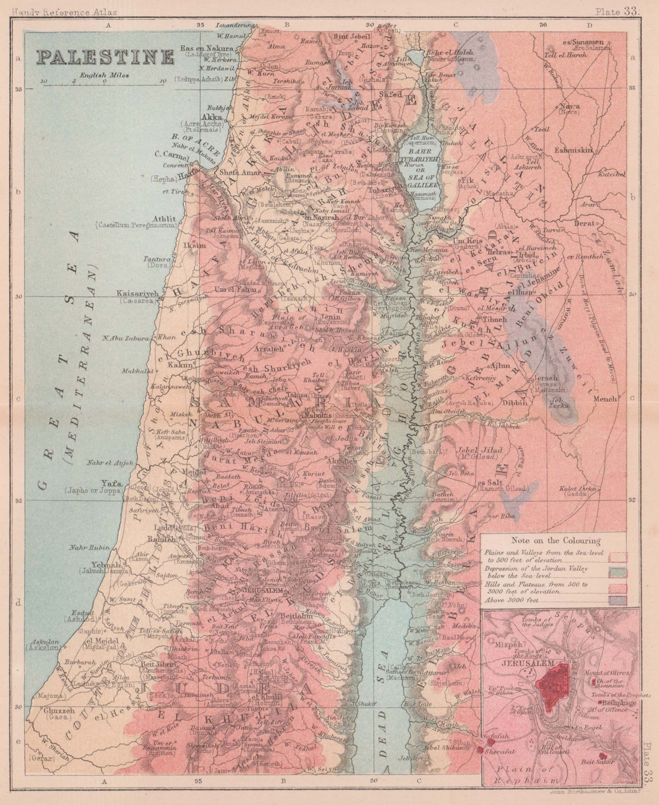 Palestine. Israel Jordan. BARTHOLOMEW 1893 old antique vintage map plan chart