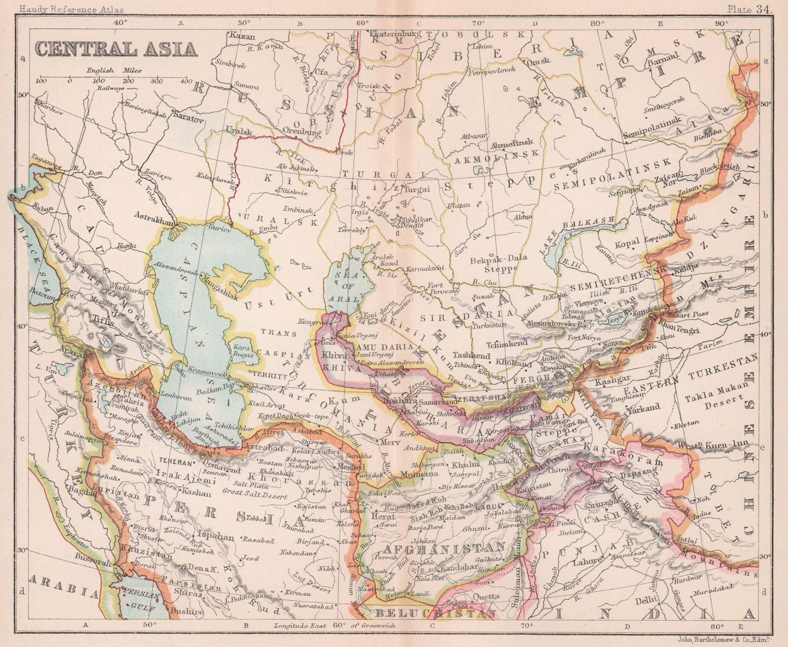 Central Asia. Persia Afghanistan Khiva Bokhara. BARTHOLOMEW 1893 old map