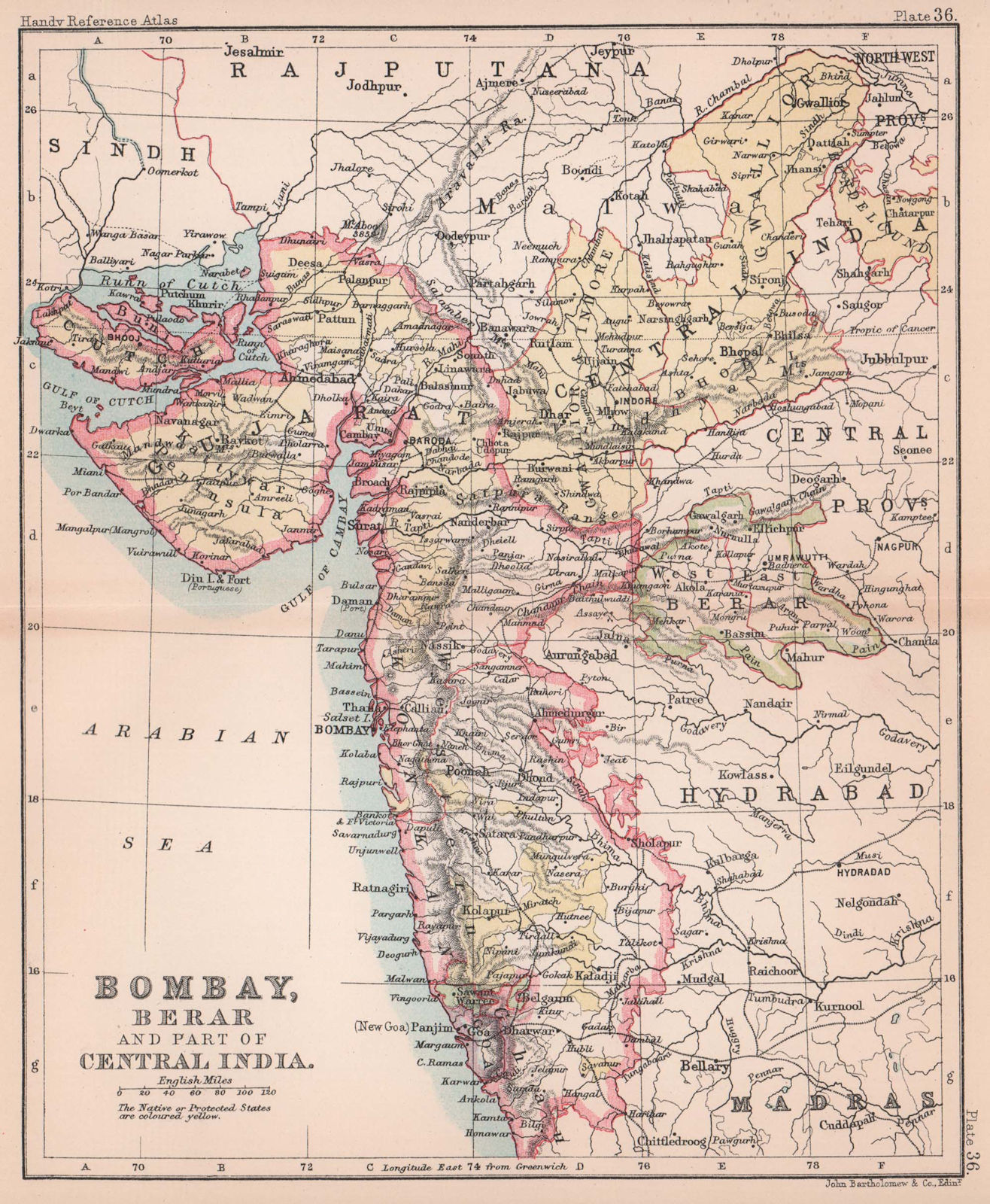 British India West. Bombay, Berar & part of Central India. BARTHOLOMEW 1893 map