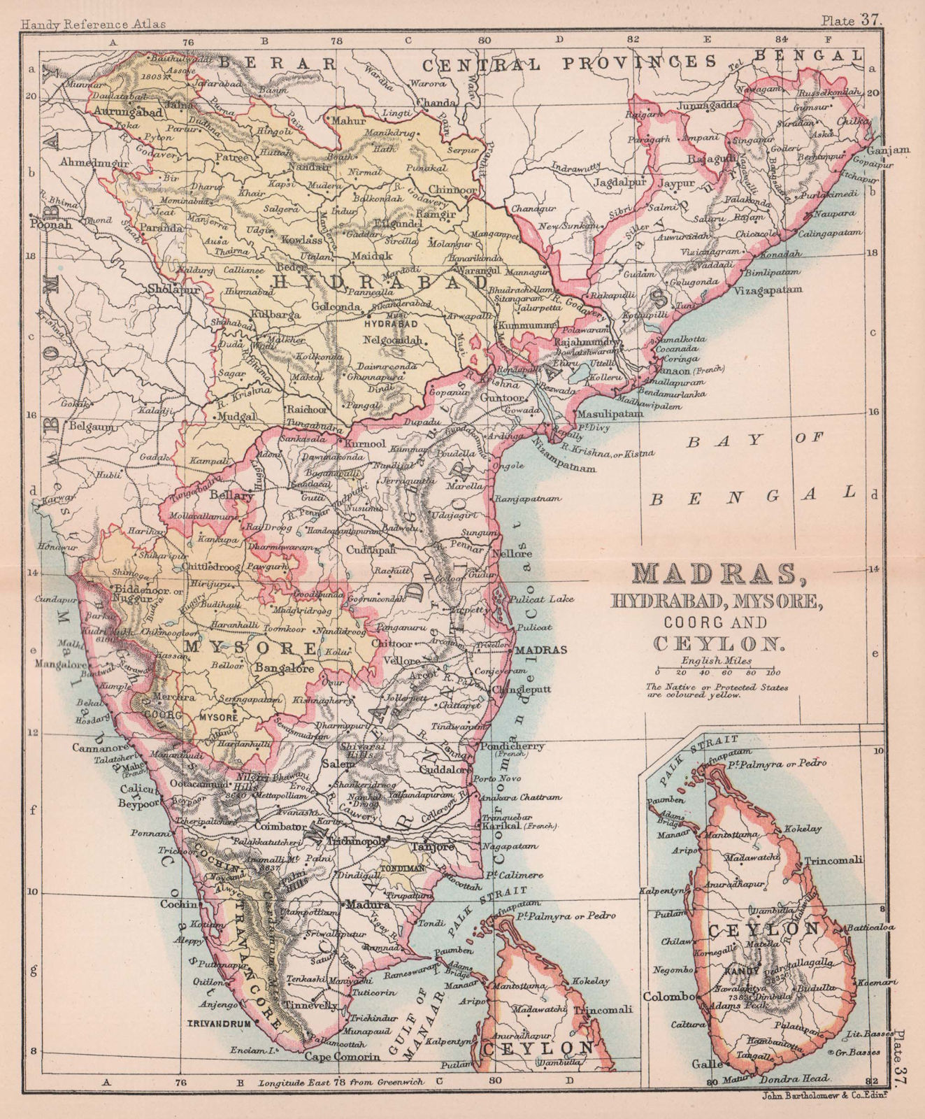 British India South. Madras Hydrabad Mysore Coorg Ceylon. BARTHOLOMEW 1893 map