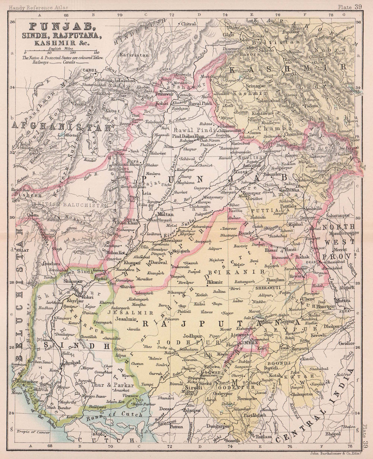 British India NW. Punjab Sindh Rajputana Kashmir Pakistan. BARTHOLOMEW 1893 map