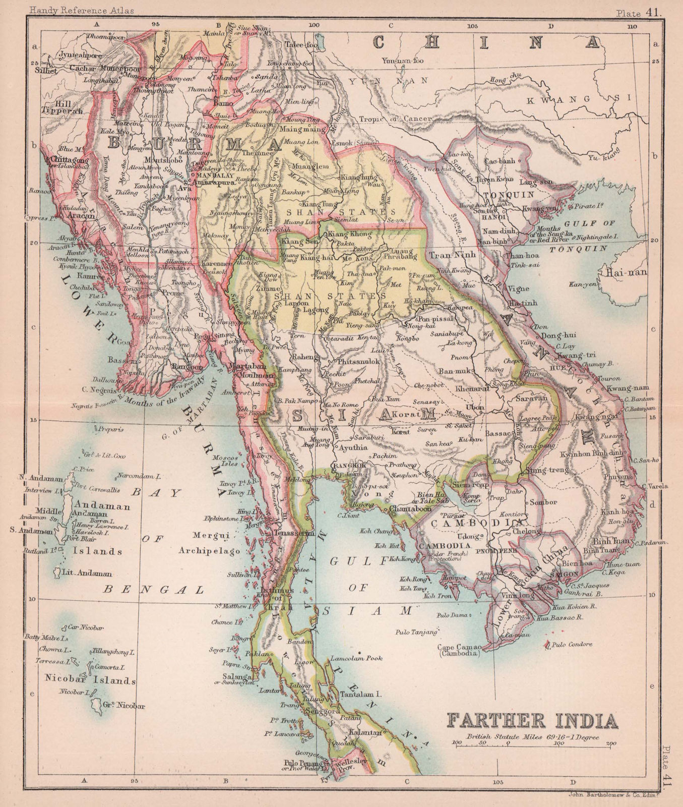 Farther India. Indochina Siam Burma Shan States Anam. BARTHOLOMEW 1893 old map