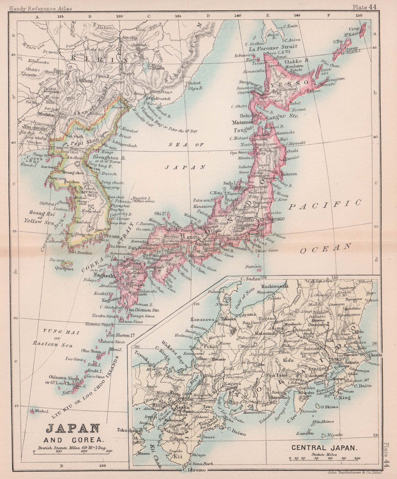 Japan & Corea antique map. BARTHOLOMEW 1893 old vintage plan chart