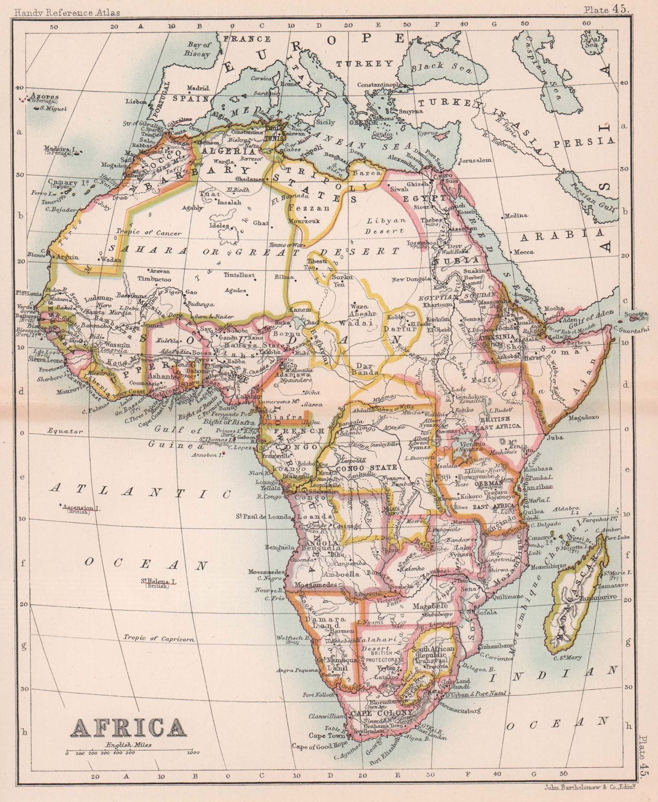Colonial Africa. Antique map. BARTHOLOMEW 1893 old plan chart