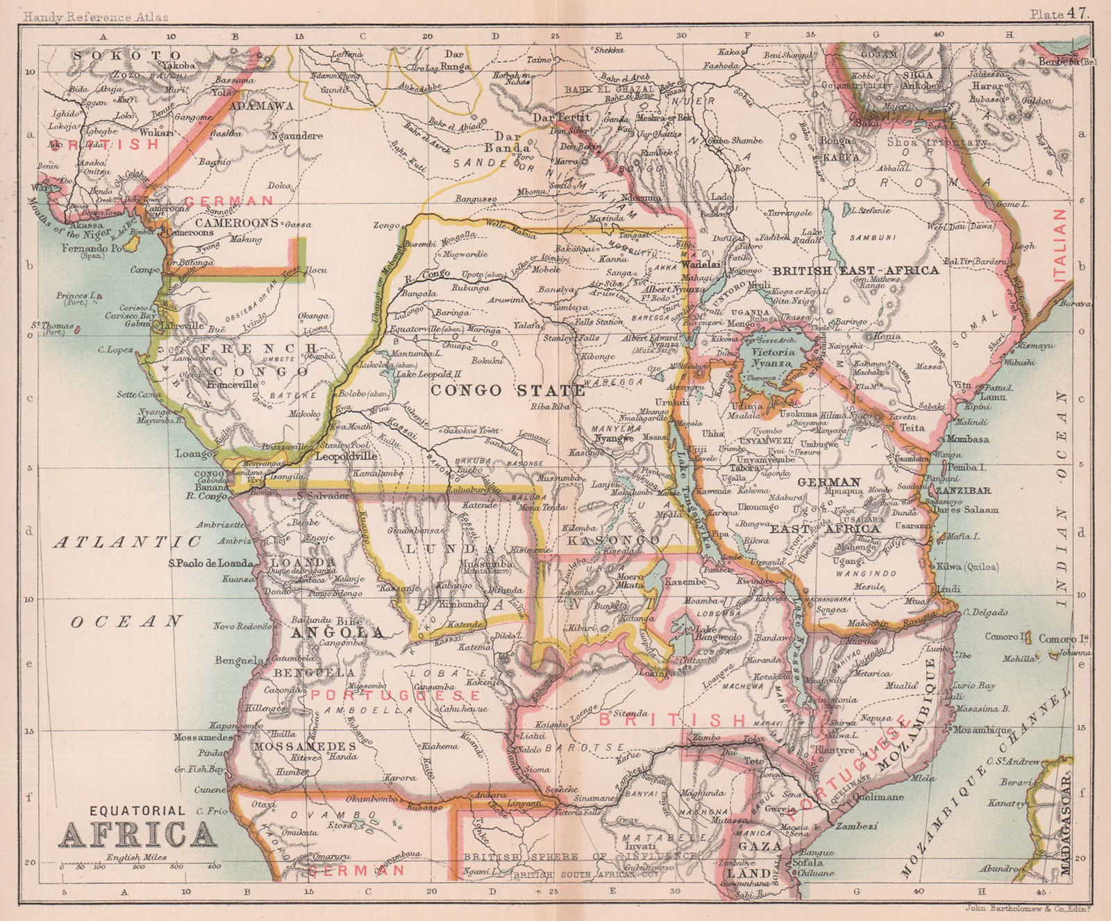 Colonial Equatorial / Central Africa. Congo Angola. BARTHOLOMEW 1893 old map