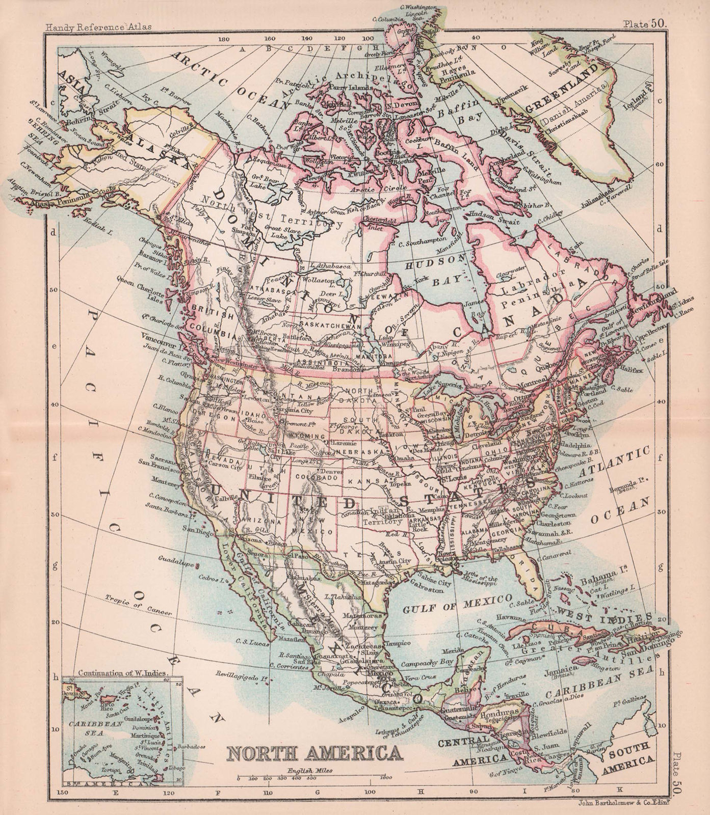 North America. United States Canada Mexico. BARTHOLOMEW 1893 old antique map