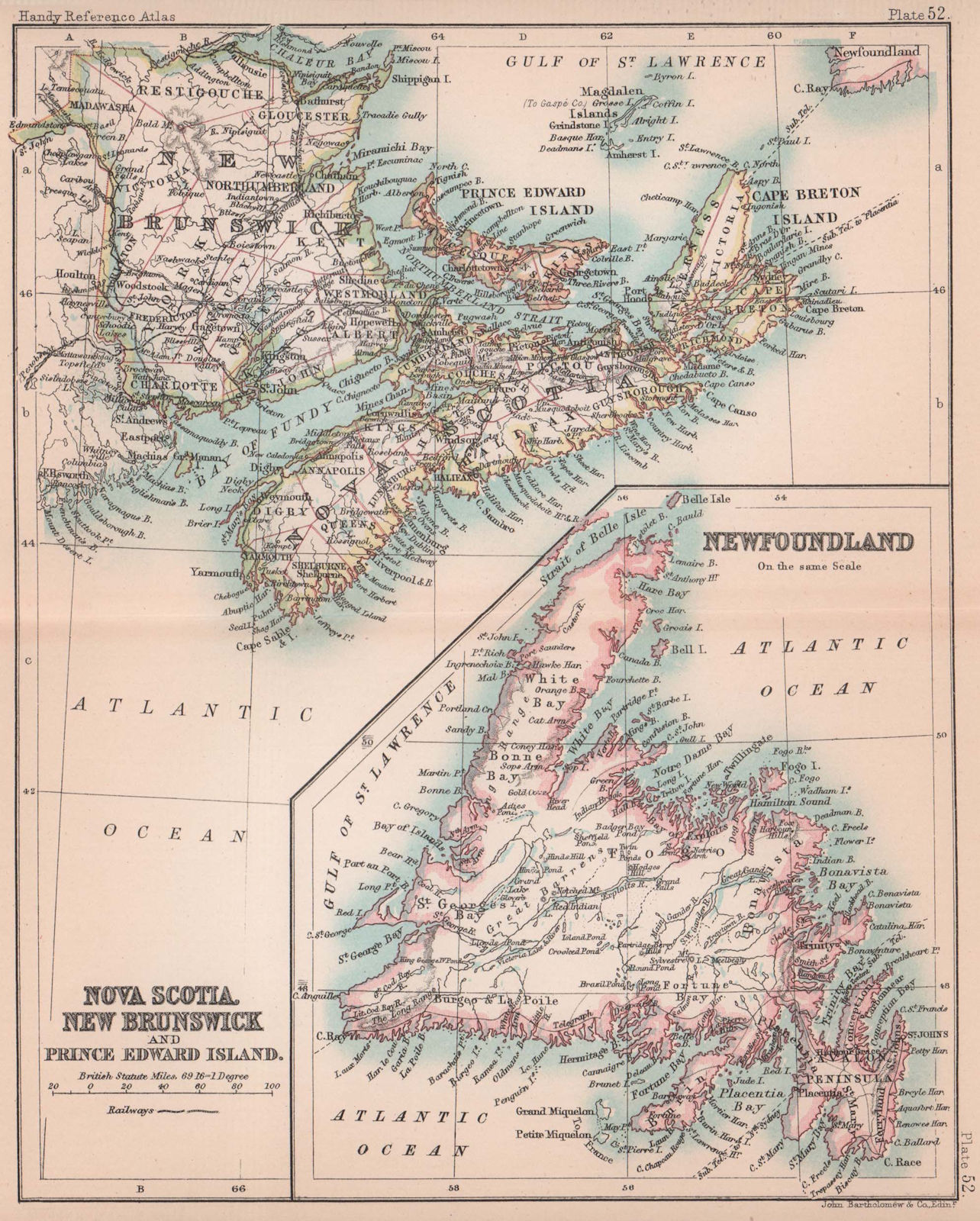 Nova Scotia, New Brunswick, PEI & Newfoundland. Canada. BARTHOLOMEW 1893 map