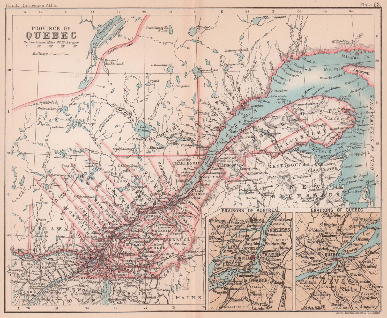 Associate Product Quebec Province. Montreal & Quebec City environs. Canada. BARTHOLOMEW 1893 map