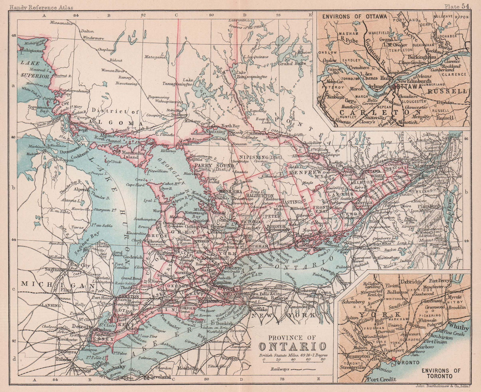 Ontario Province. Ottawa & Toronto environs. Canada. BARTHOLOMEW 1893 old map