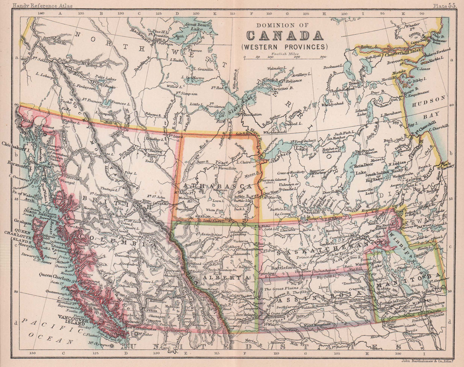Canada Western Provinces. British Columbia. Alberta. BARTHOLOMEW 1893 old map