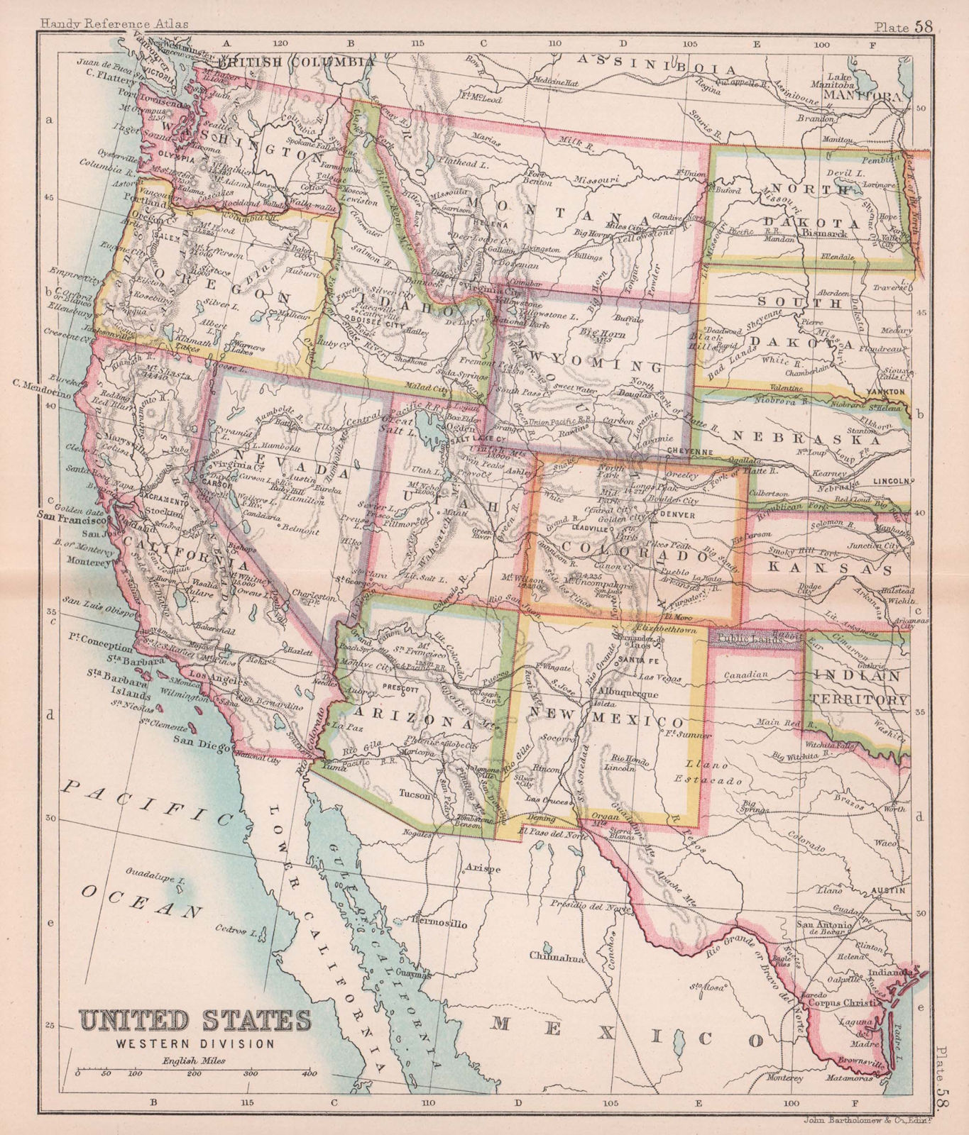 United States Western Division. USA. BARTHOLOMEW 1893 old antique map chart