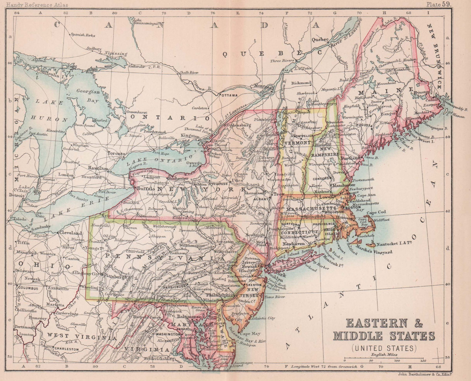 Eastern & Middle United States. USA New England. BARTHOLOMEW 1893 old map