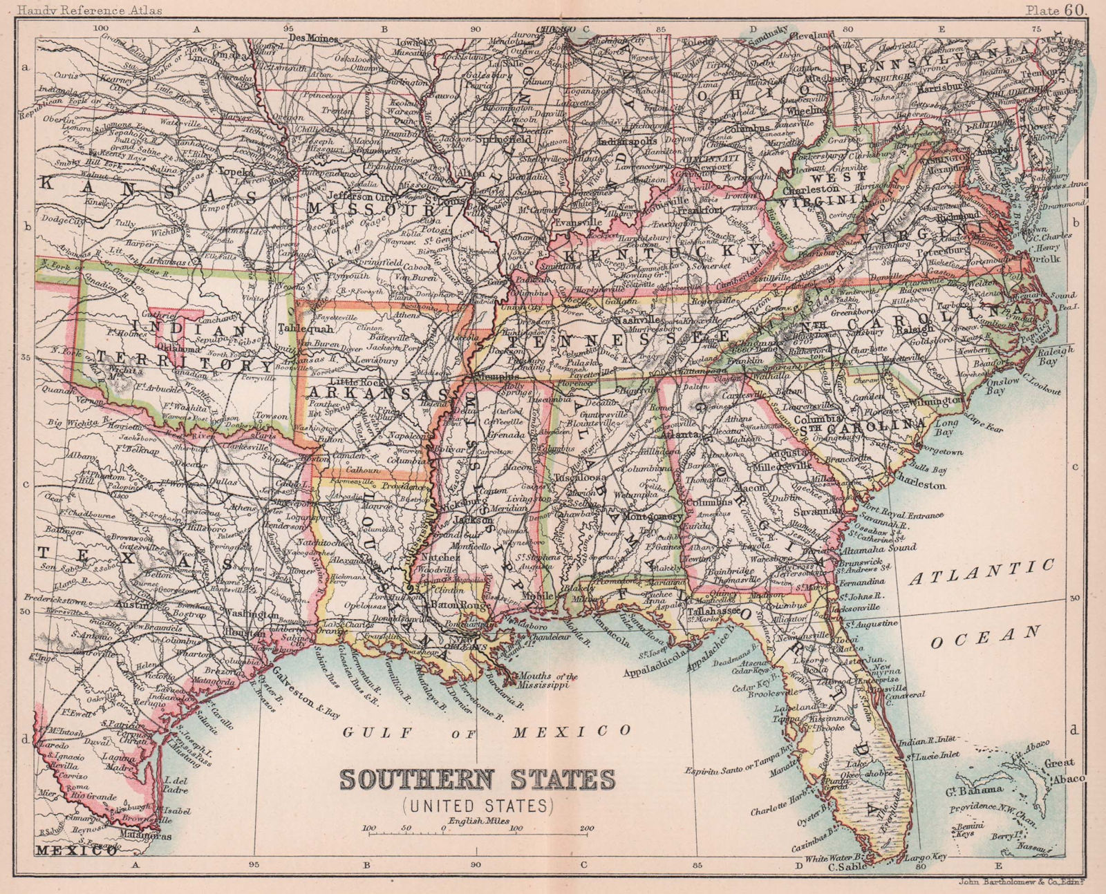 Southeastern USA. Indian Territory. ARTHOLOMEW 1893 old antique map plan chart