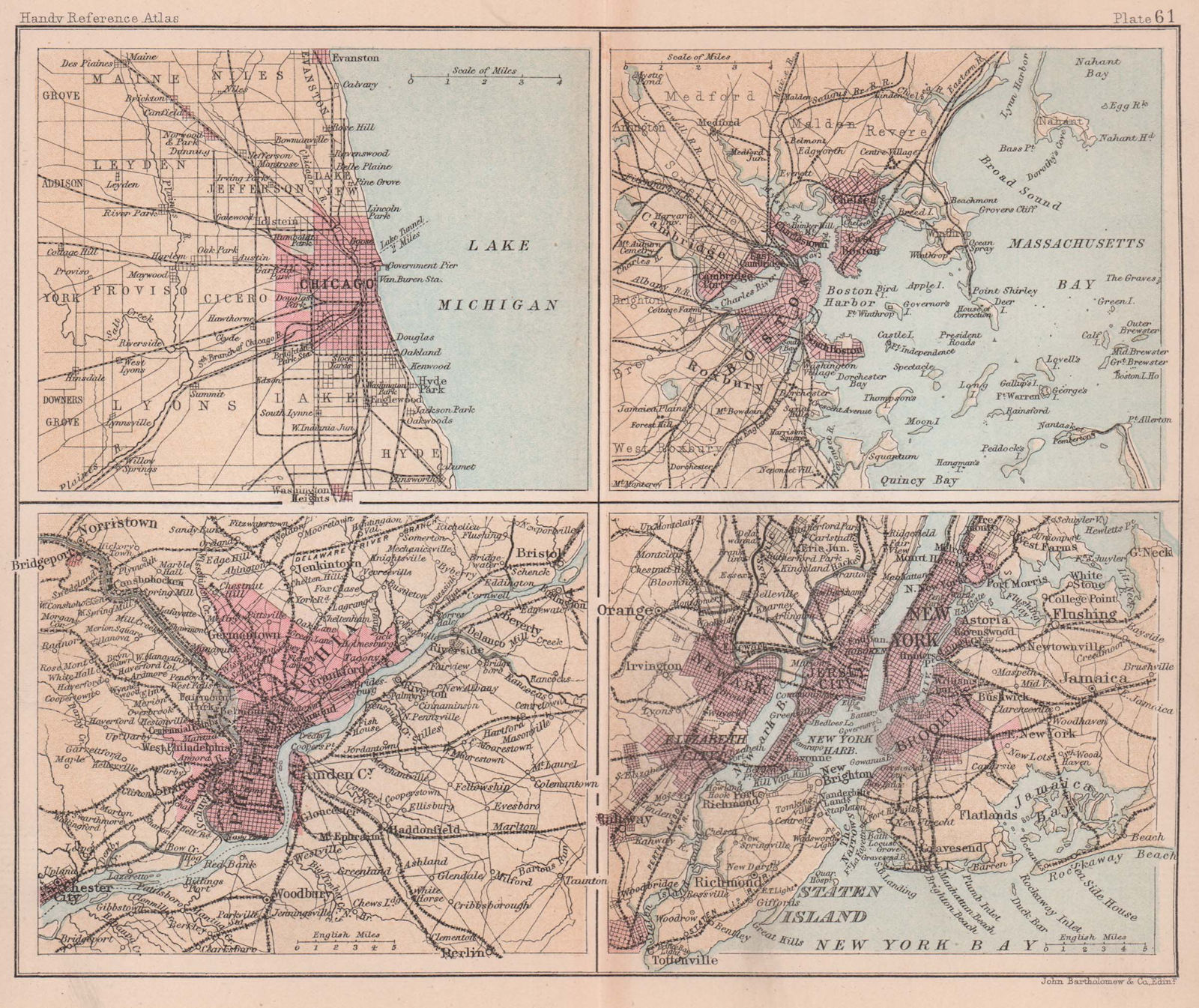 New York, Boston, Philadelphia & Chicago. US Cities. BARTHOLOMEW 1893 old map