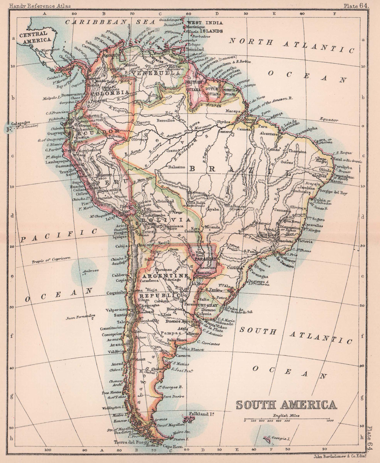 South America political. BARTHOLOMEW 1893 old antique vintage map plan chart
