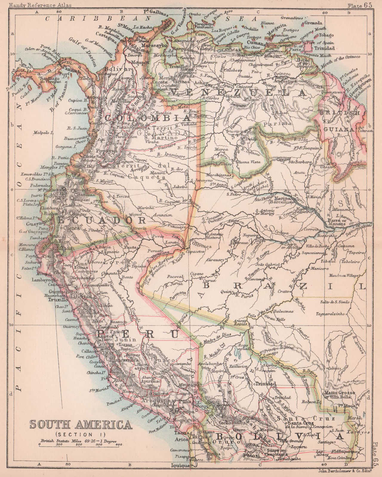 South America #1. Peru Ecuador Colombia Venezuela Amazonia. BARTHOLOMEW 1893 map