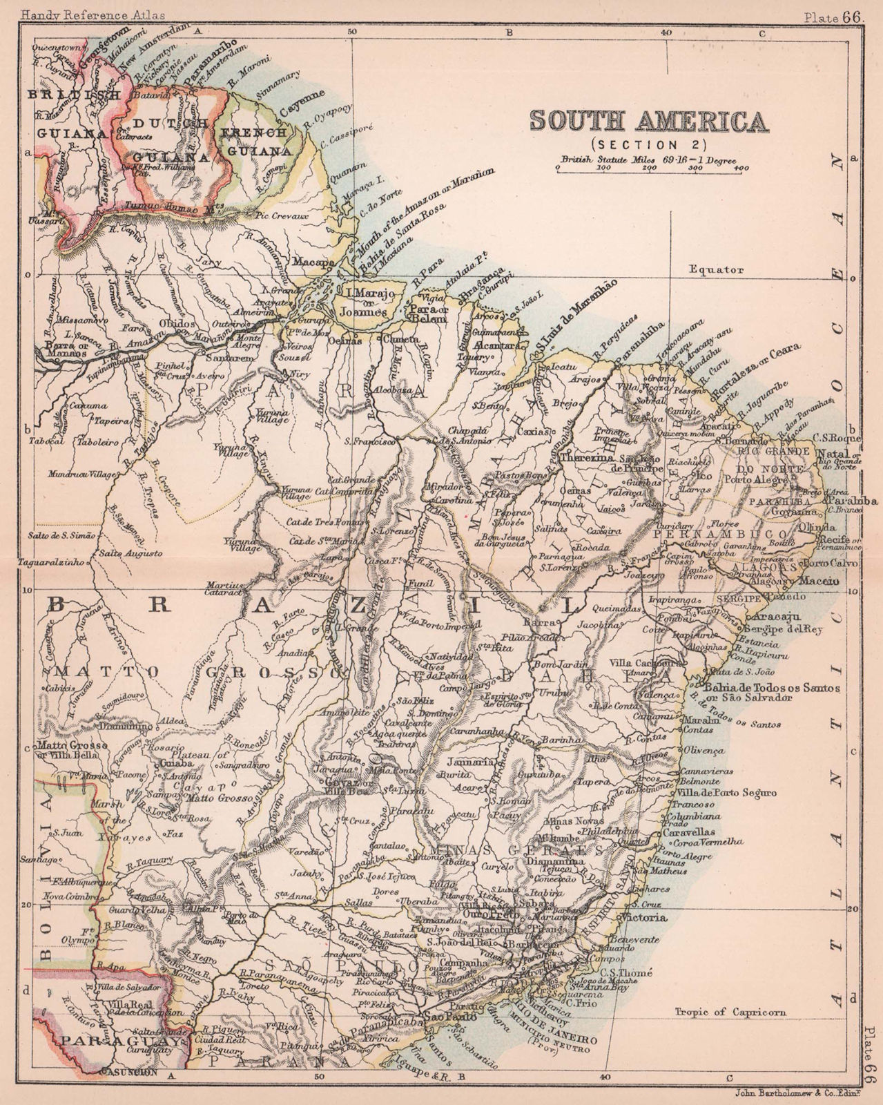 South America #2. Brazil. BARTHOLOMEW 1893 old antique vintage map plan chart