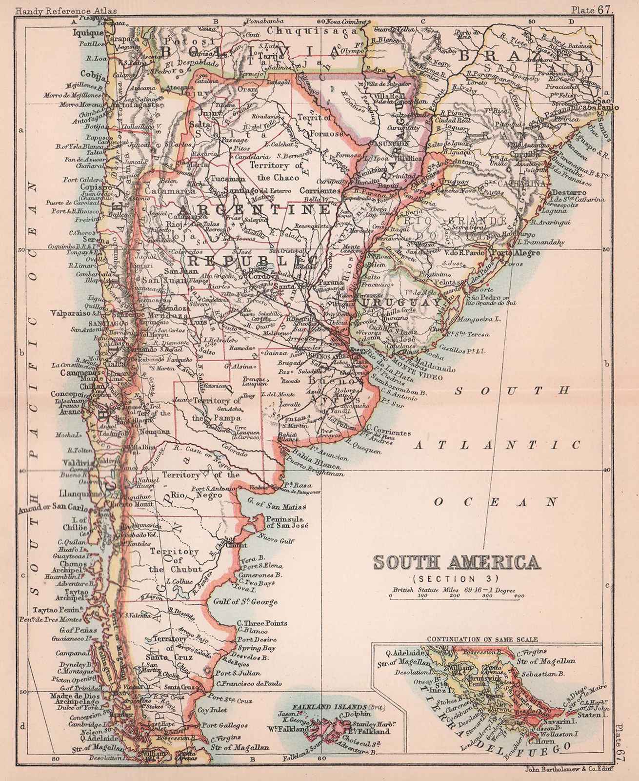South America #3. Argentina Chile Patagonia Paraguay. BARTHOLOMEW 1893 old map